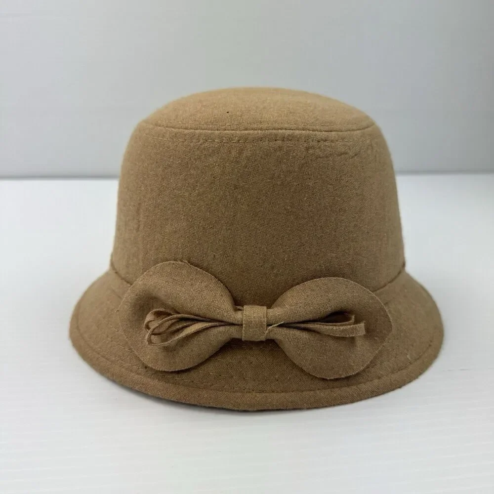 D&Y Camel Cloche Hat Bow Accent Women’s OS Polyester Cotton Blend Vintage Style